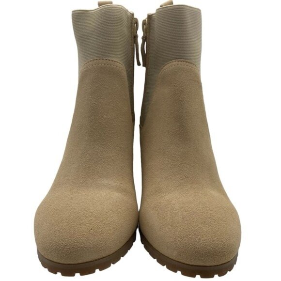 Beige Leather Boots Violet Red Loaded Suede Zip Stacked Heel Neutral Cottagecore - Picture 6 of 13